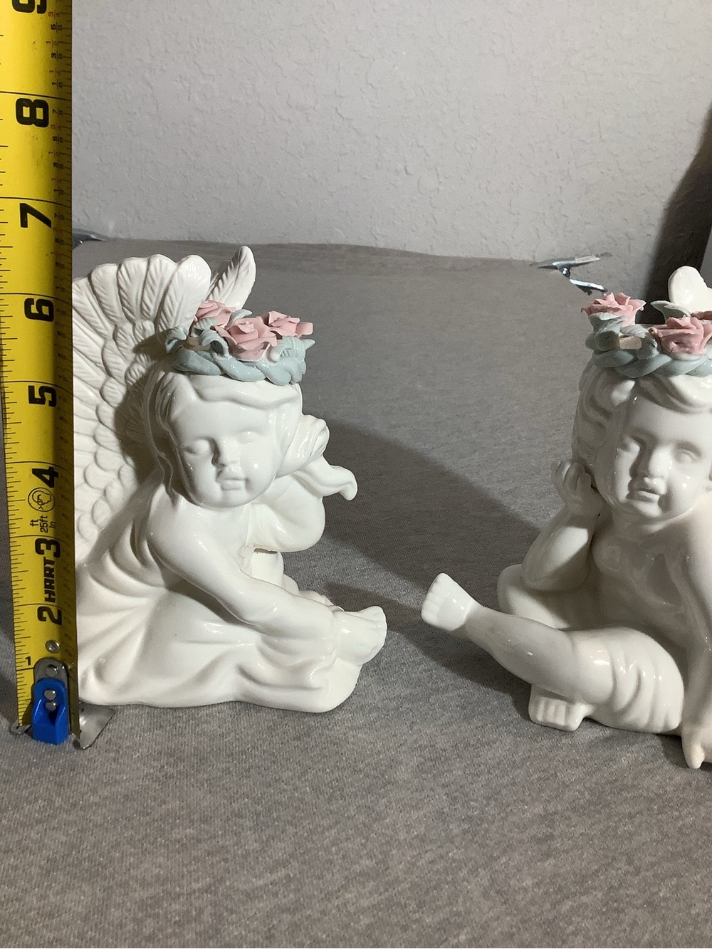 Vintage White Ceramic Cherub Angel Figurines with Pink Flower Crowns - Pair - Picture 5 of 6